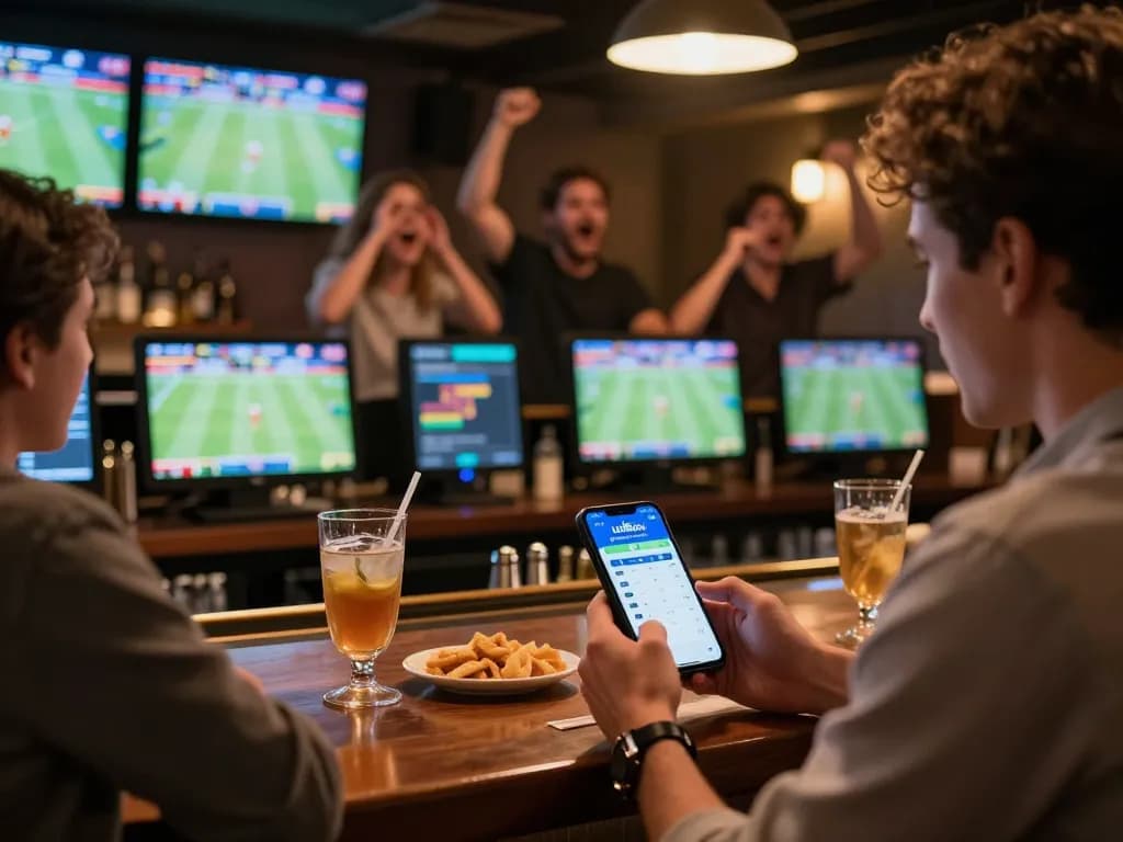 Exciting sports betting atmosphere showcasing a user betting on uu88.com from a vibrant bar.