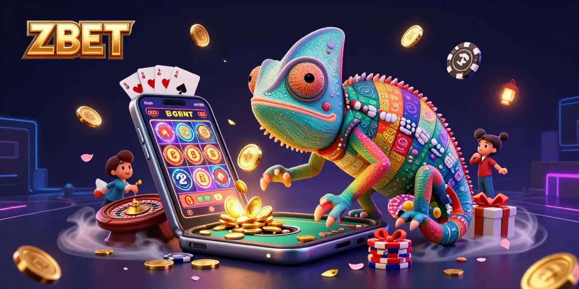 ZBET offers active gameplay with a vibrant chameleon casino owner and lively gambling elements