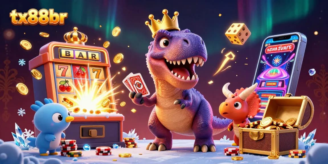 Join the fun at tx88br with a whimsical T-Rex shuffling cards, showcasing casino excitement!