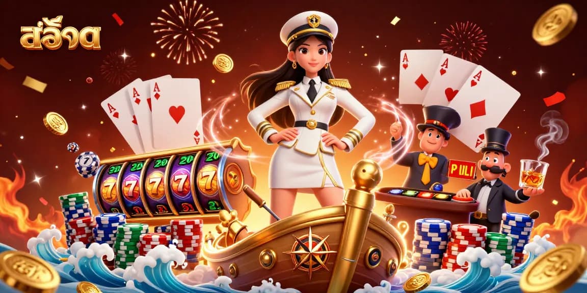 Spin สล็อต reels amidst a vibrant casino setting filled with golden coins and poker elements.