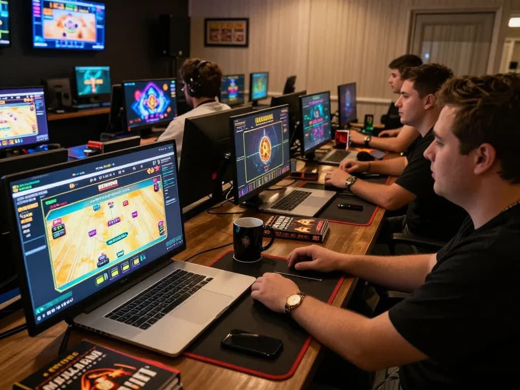 Kuwin online gaming setup with multiple screens displaying live dealer games and strategy notes, enhancing the gaming experience.