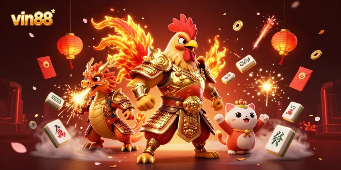 Win big with vin88 in this vibrant 3D casino scene featuring energetic characters and exciting game elements.