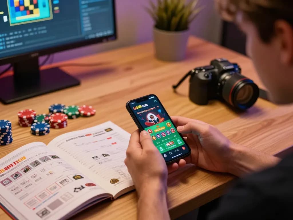 Engaging with the U888 com casino app on a smartphone in a cozy gaming setup.