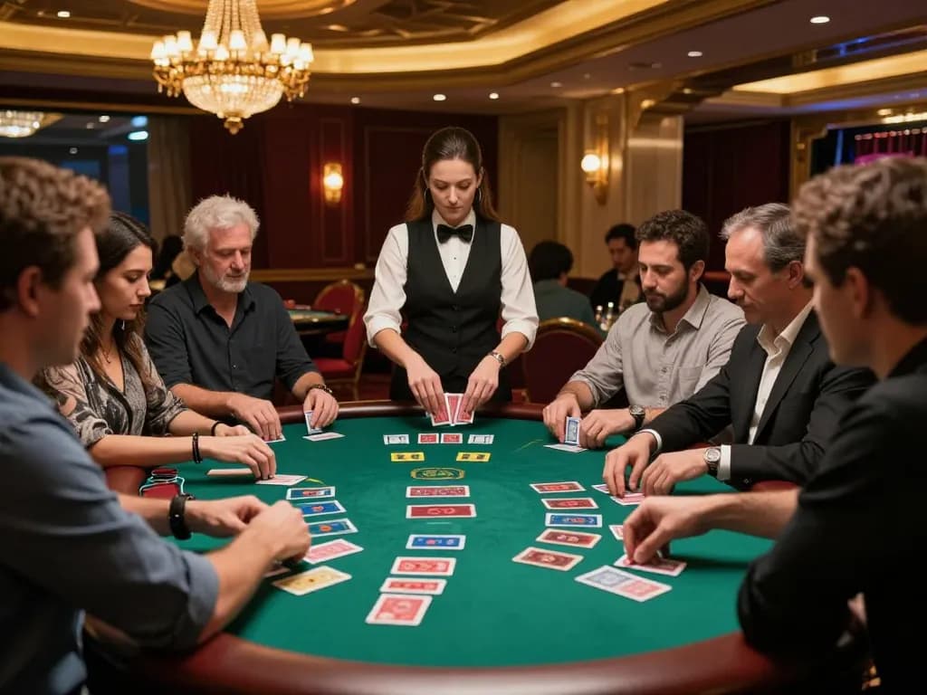 FUN79 players enjoying an intense blackjack game at a luxury casino, focused on their strategies.