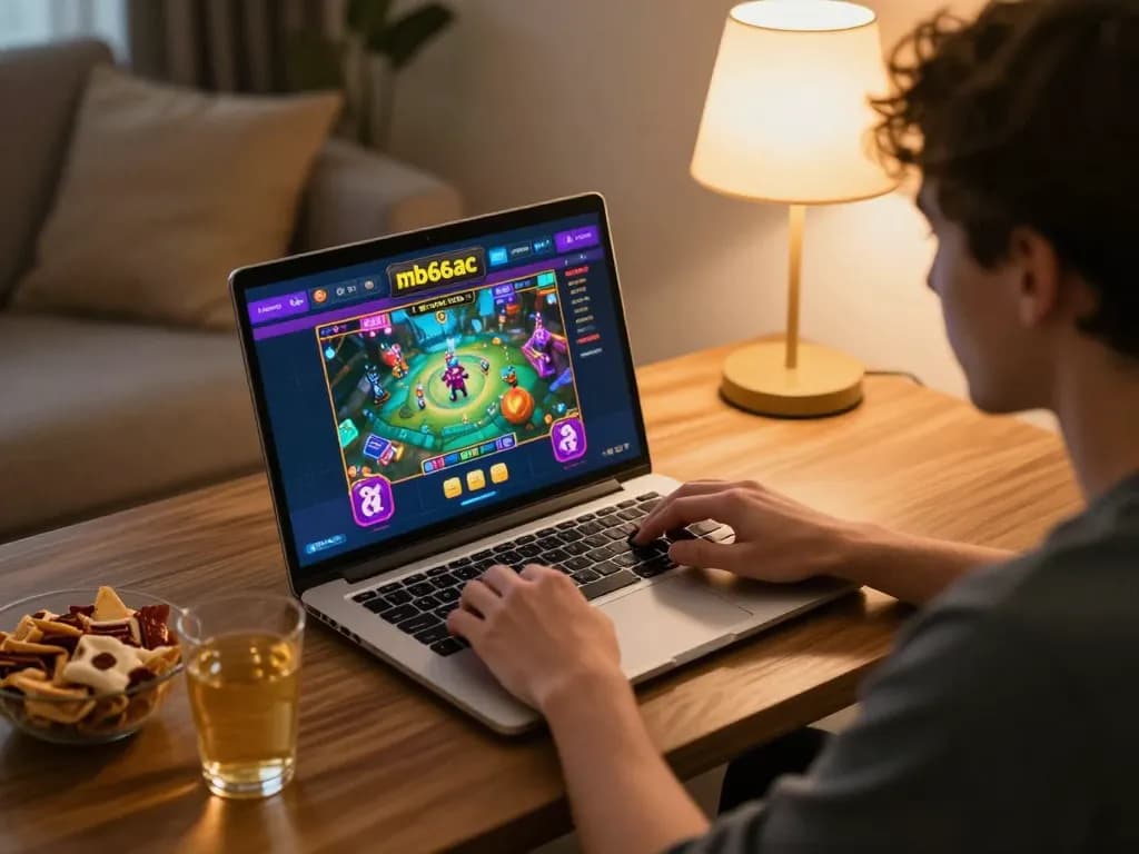 Engaged player navigating mb66ac online casino, vibrant gaming atmosphere at home.