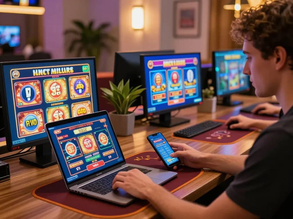 Player enjoying slots and poker on Trang chủ LLwin with vibrant game interfaces in a cozy online setup