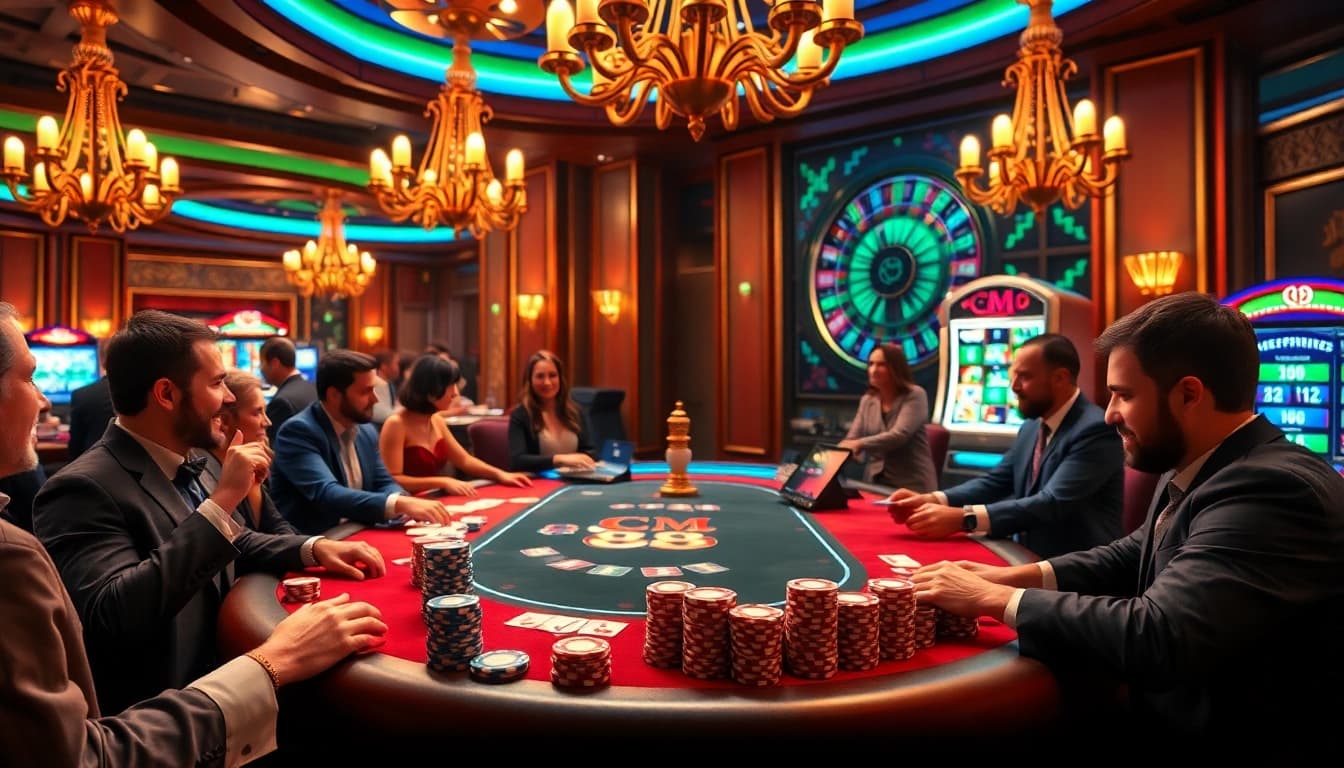 Gambling excitement at a poker table with CM 88 branded chips and cards in play.