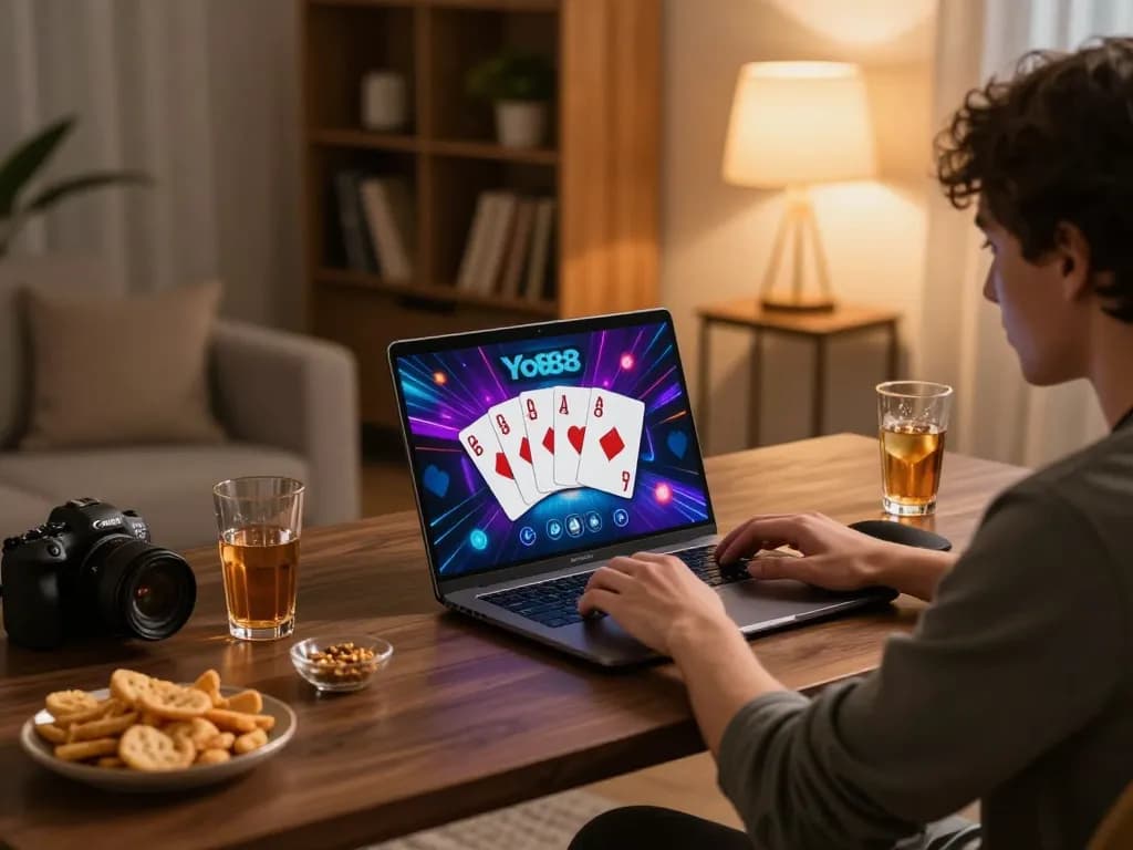 A player enjoying Yo88 poker game on a laptop, highlighting an engaging online gaming experience.