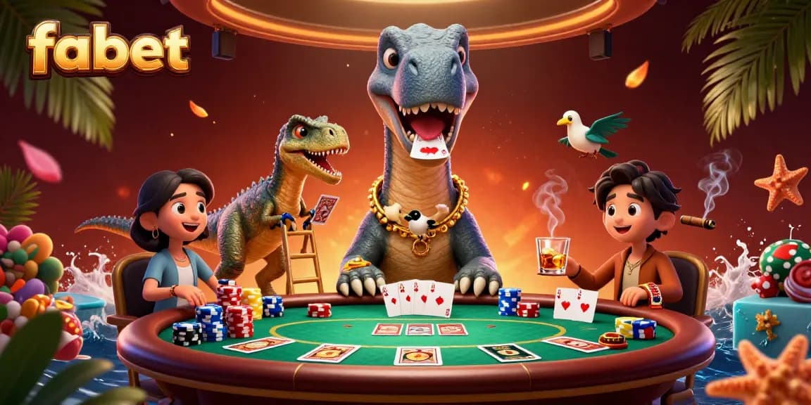 Experience fabet gaming with a whimsical dinosaur dealer at an exciting poker table.