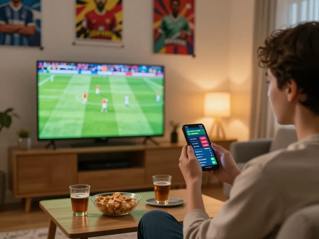 Engaged sports betting fan watching trực tiếp bóng đá socolive with smartphone and snacks in cozy living room.
