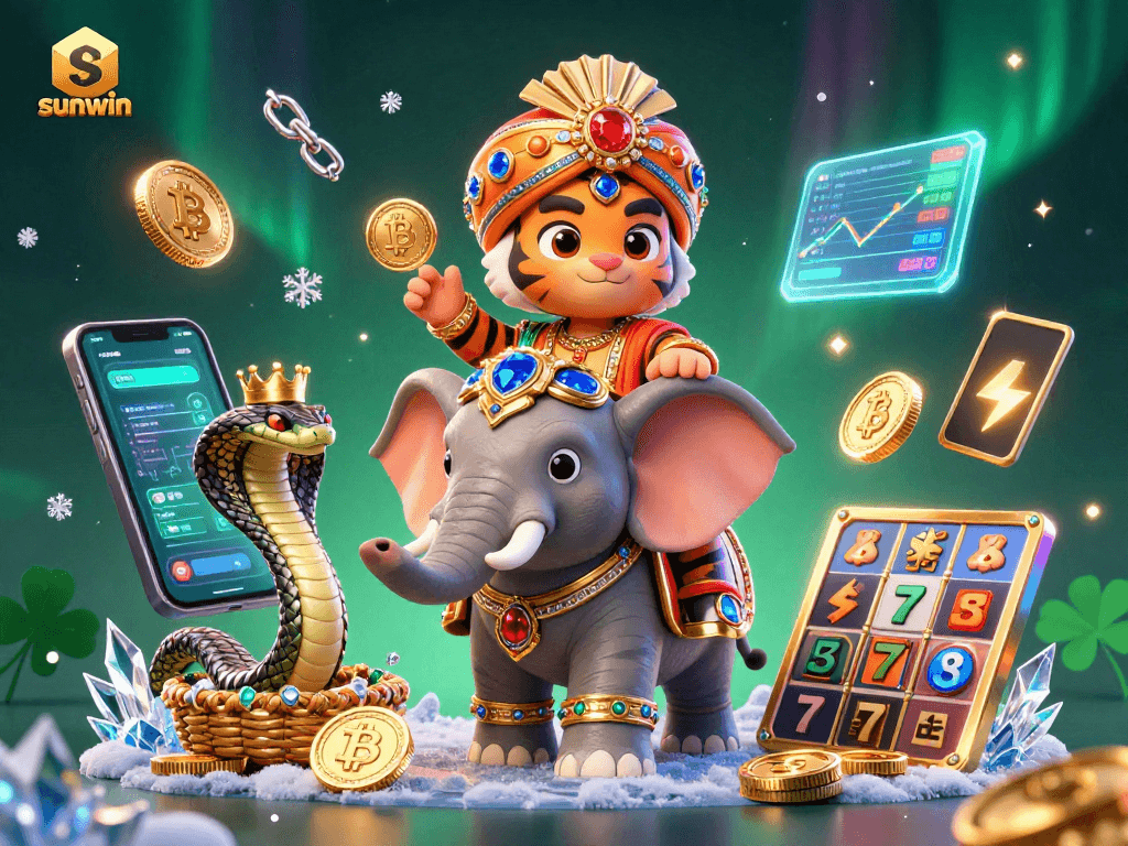 Experience the thrill of winning at sunwin casino with a captivating 3D scene full of slot reels, lucky symbols, and vibrant graphics.