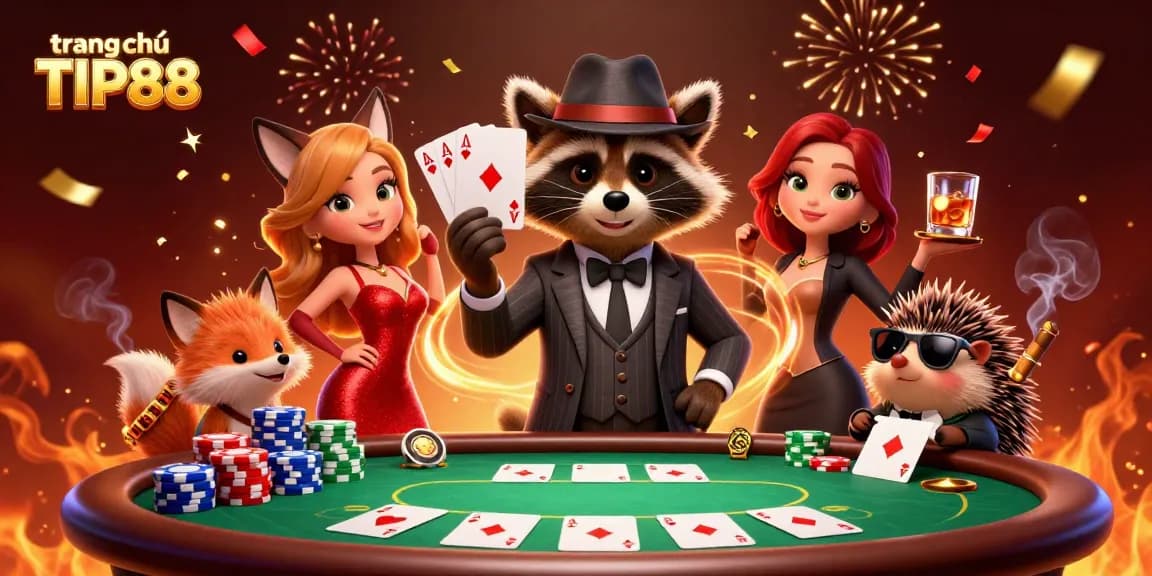 Play high-stakes poker with suave characters at trang chủ TIP88, featuring lively casino visuals.