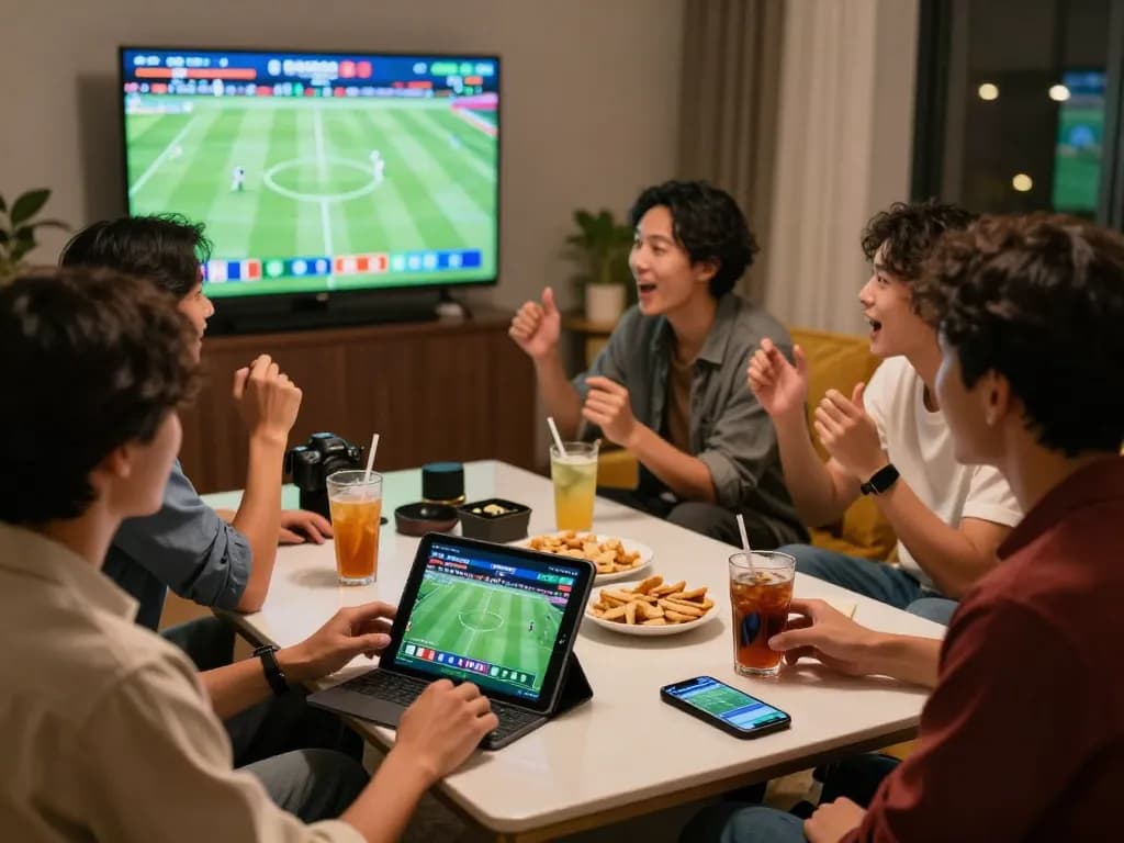 A group of friends enjoying sports betting while discussing keo nha cai odds in a cozy home environment.