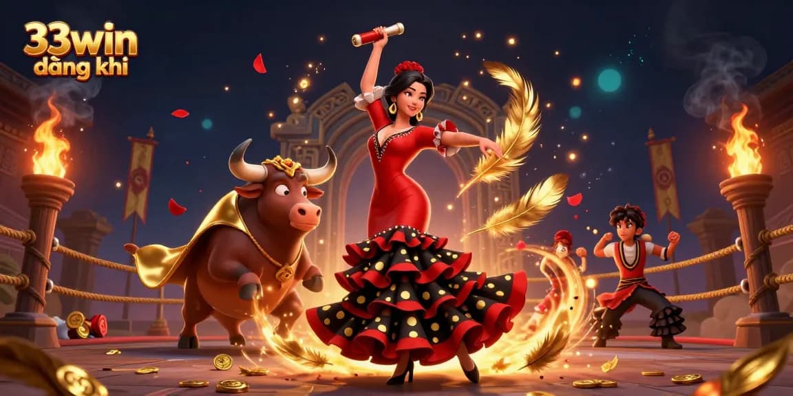 Join 33win đăng ký to experience thrilling gaming with a flamenco dancer and a golden bull amidst an exciting arena.
