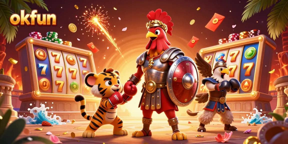 Experience the thrill of gambling at okfun with a vibrant 3D casino scene filled with dynamic slot reels and colorful game elements.