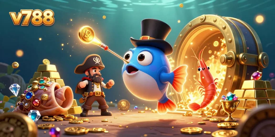 Experience v788's vibrant gaming world with a playful anglerfish and pirate shrimp in a treasure-filled underwater scene.