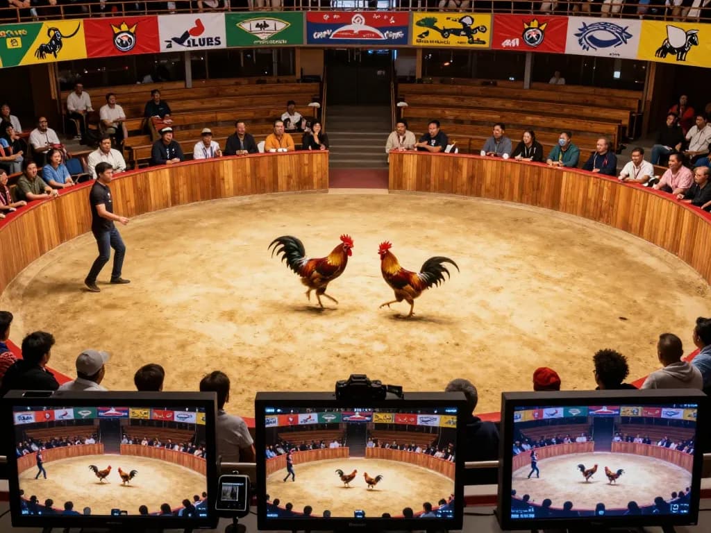 Engaging moment of đá gà trực tiếp with dynamic action of rooster fight and lively audience atmosphere.