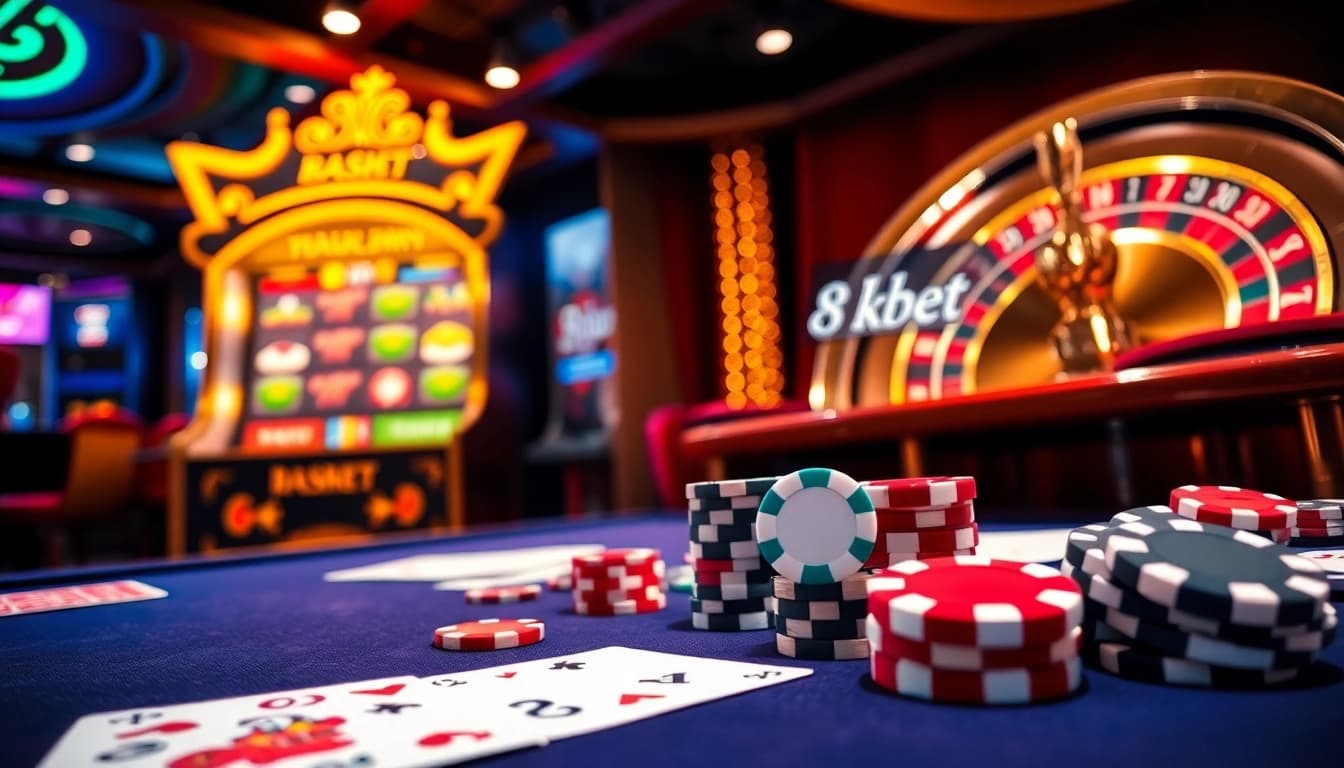 Experience the excitement of 8kbet with vibrant casino tables, cards, and dynamic slot machines.