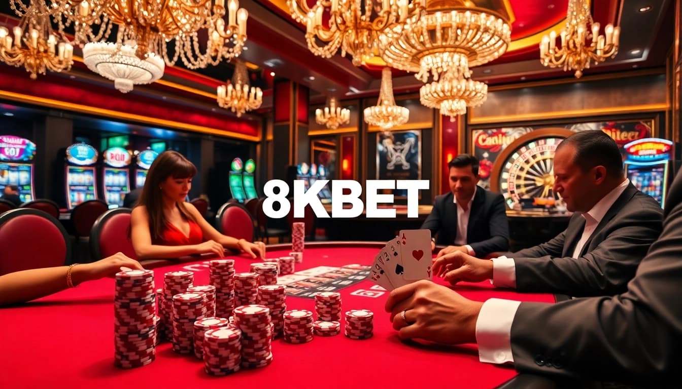 High-stakes poker action at 8KBET casino featuring players and vibrant gaming elements.