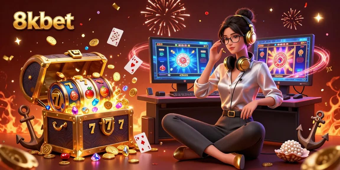 Spin the reels at 8kbet with thrilling slots and enticing treasures in an immersive casino setup.