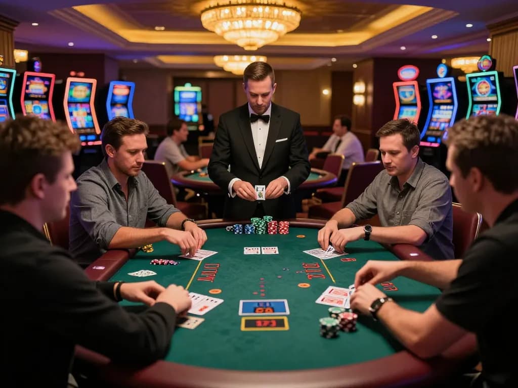 Players experiencing thrilling blackjack action at a sunwin casino floor, showcasing cards and chips.