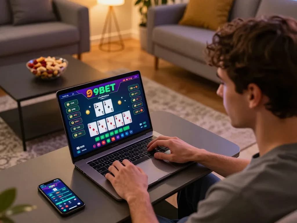 Engaging with the 9BET game in a cozy home setup, showcasing online gambling excitement.