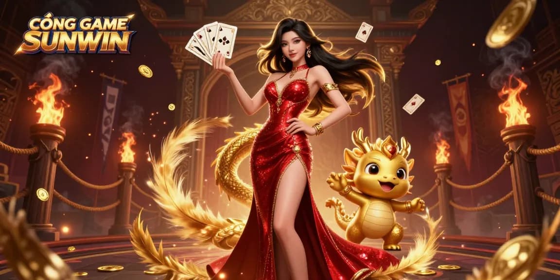 Engage with CỔNG GAME SUNWIN featuring a stunning Asian casino experience with golden dragon and playing cards.