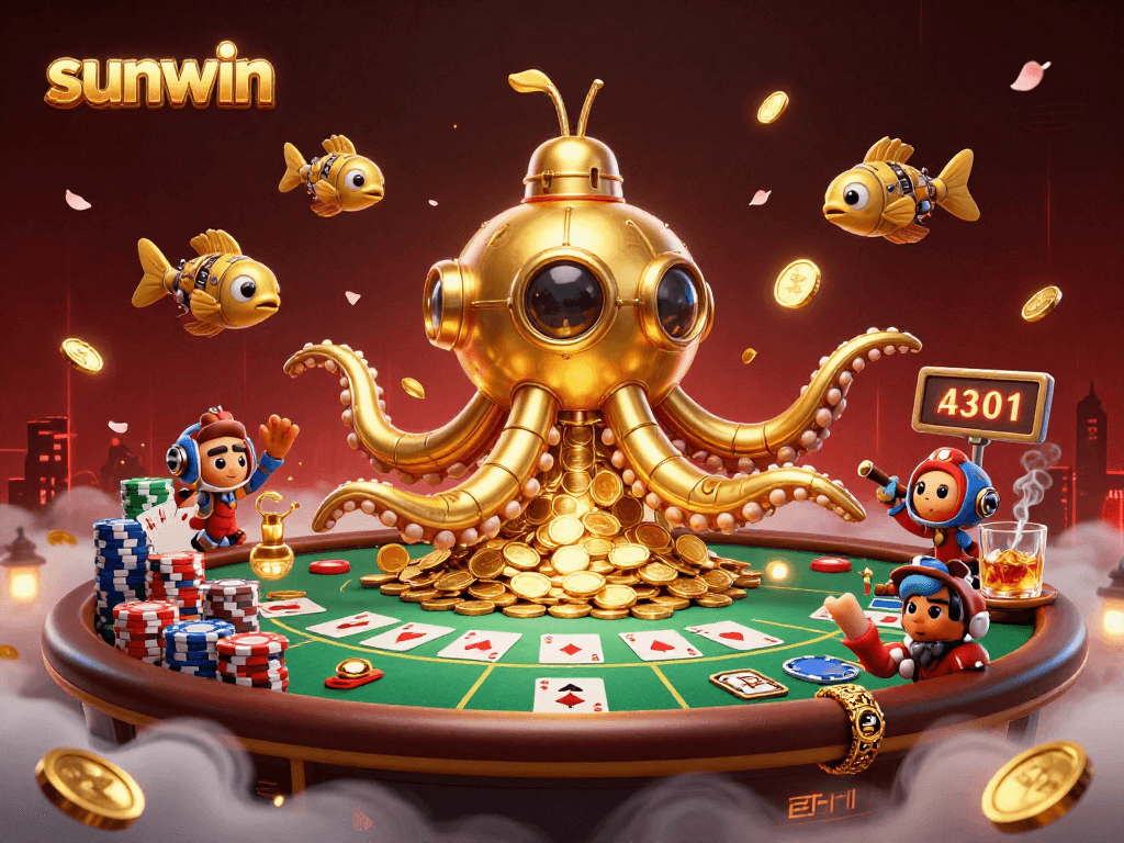Join the sunwin adventure with the kraken submarine amidst a vibrant poker scene.