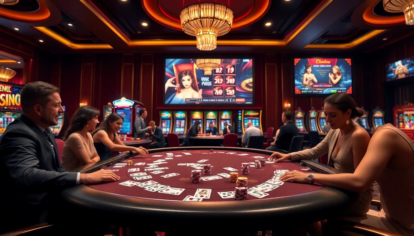 Engaging players at a high-stakes table featuring https://c168.works/ and vibrant casino elements.