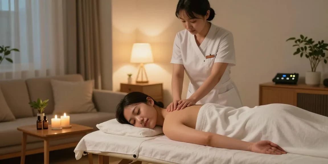 Experience a serene 구리출장마사지 at home with a professional therapist creating a calming atmosphere.