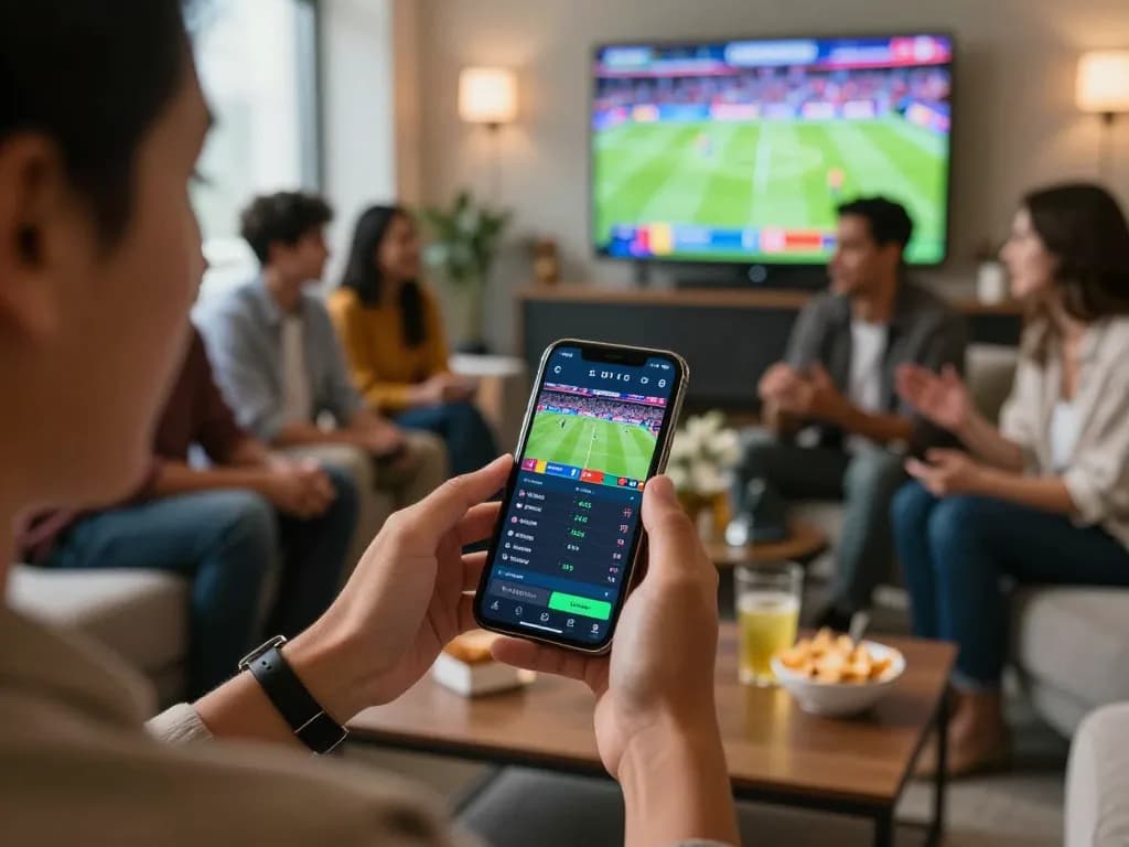 Engaged player using 789betviet for live sports betting in vibrant lounge atmosphere