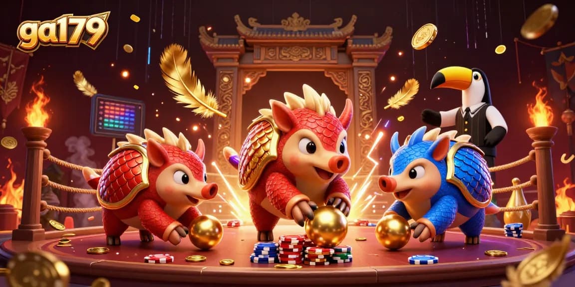Engage with ga179's thrilling cockfighting scene featuring dynamic pangolins and colorful casino elements.