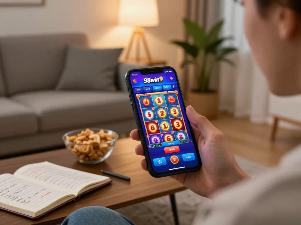 Player engaging with the 98win9 casino app on smartphone, enjoying vibrant slot games.