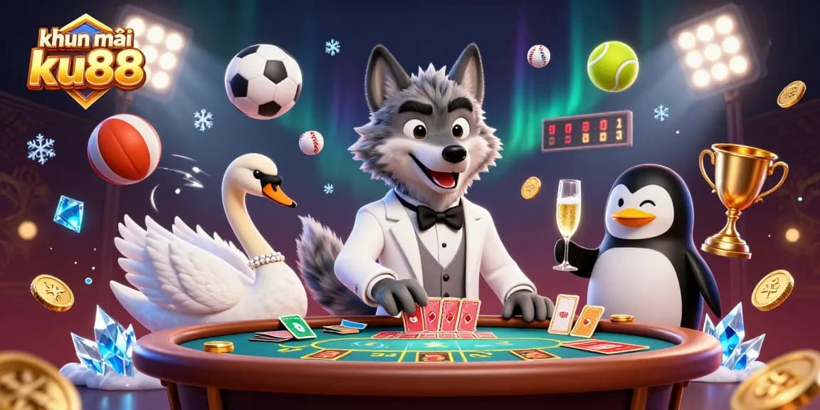 Engage with khuyến mãi ku88 at a lively casino scene featuring animated characters and dynamic gaming elements.