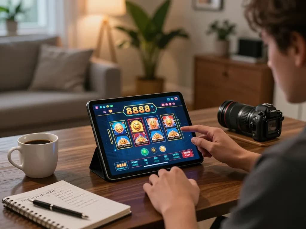 Engaging with 888slot game on a tablet in a cozy home setting, demonstrating online gaming excitement.