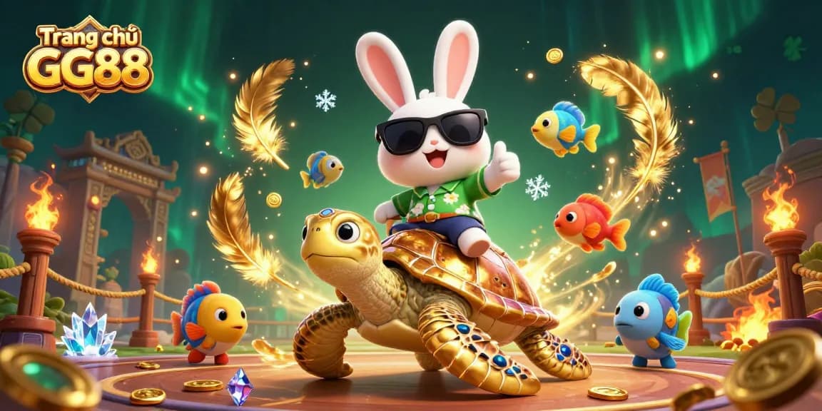 Engage with exciting games on Trang chủ GG88 featuring a lucky rabbit and golden turtle in a vibrant casino scene.