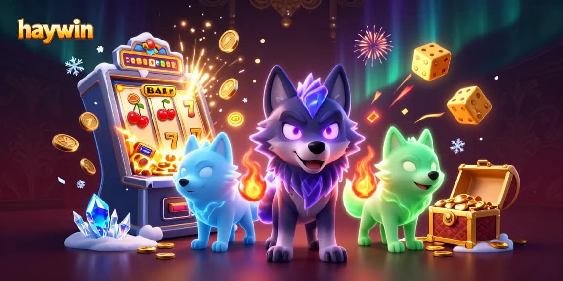 Experience thrilling wins at Haywin with a captivating 3D casino illustration featuring glowing wolves and slots.