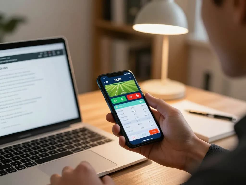 SC88 betting app shown on smartphone with live sports odds in a cozy home office.