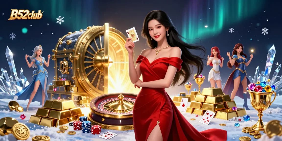 Engage in exciting gaming at B52club with a photorealistic Asian woman holding a winning card beside a roulette wheel.