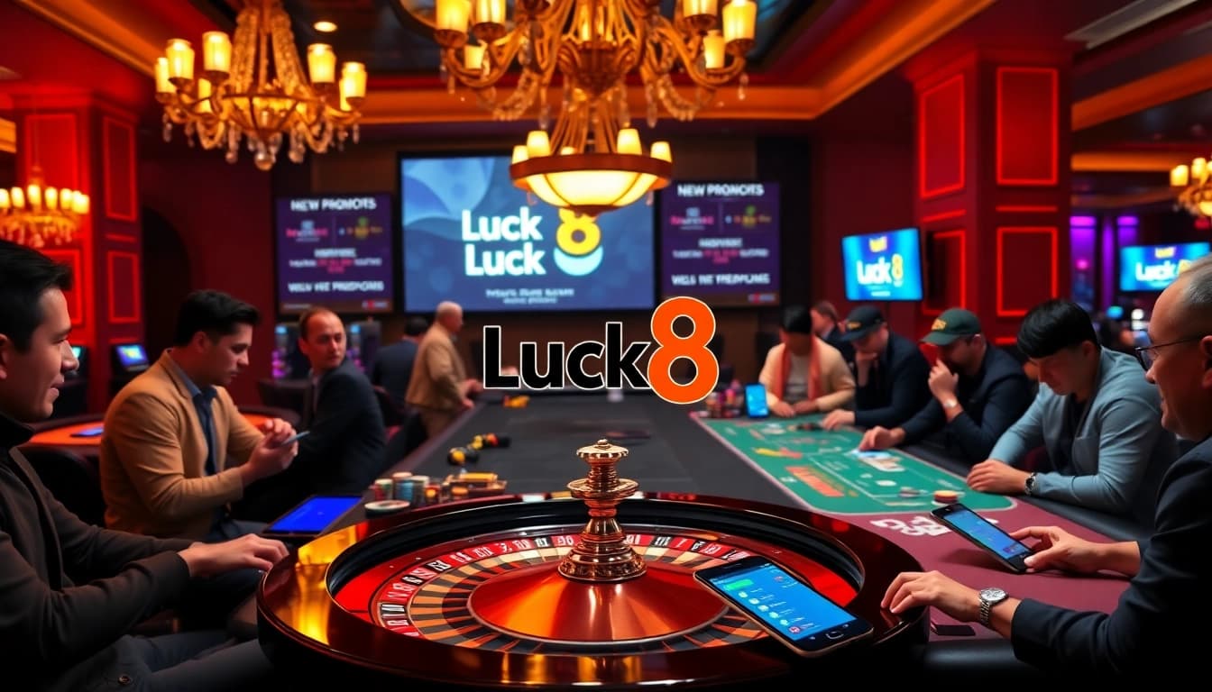 Players enjoying a thrilling game at Luck8 casino table with poker chips and cards.