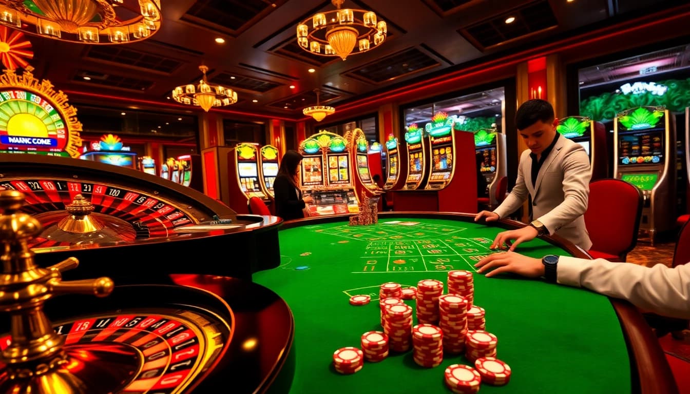 Experience the excitement of online betting at mm88 com with vibrant casino elements and players immersed in the action.