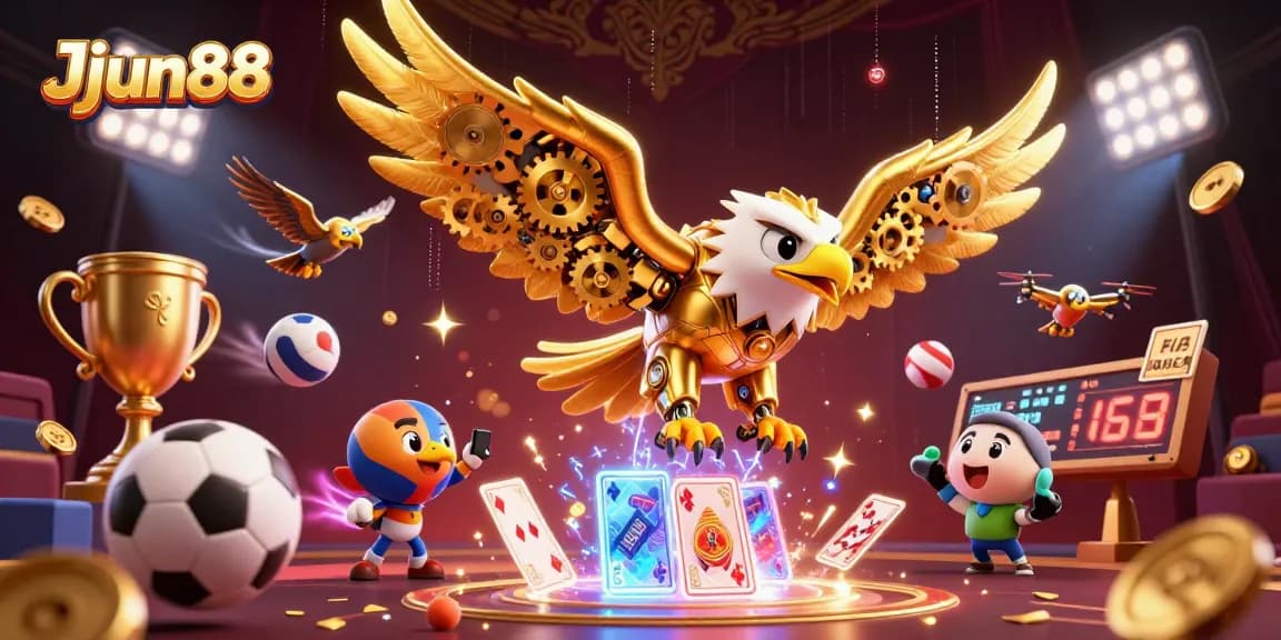 Win big at JJun88 with the stunning illustration of a cybernetic eagle soaring through vibrant casino elements.