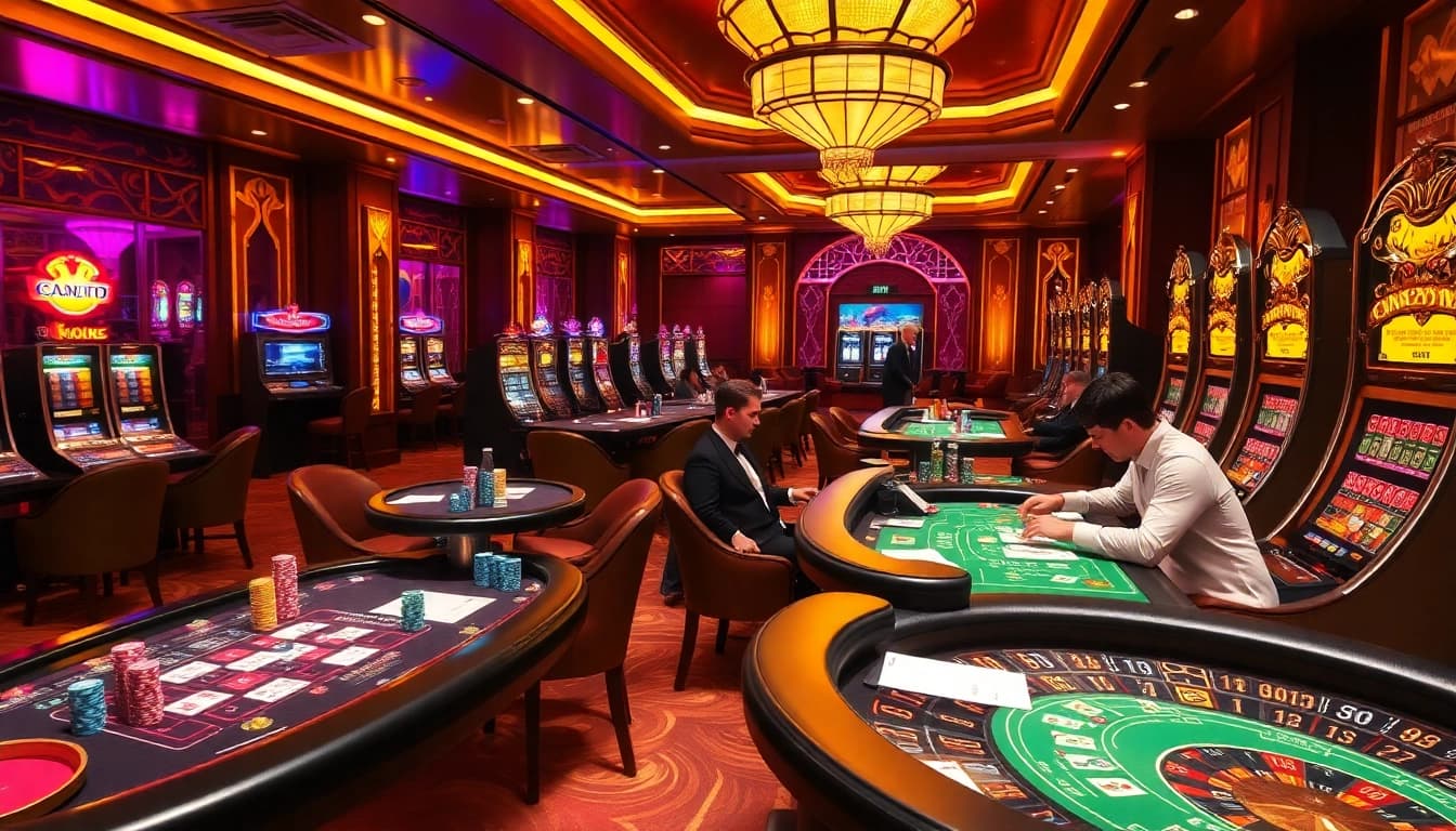 Các người chơi tận hưởng thời gian tại bàn casino KO66 với những chip poker sặc sỡ.