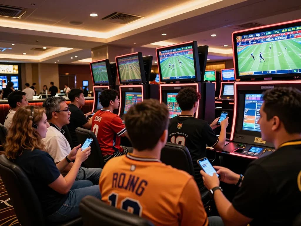 Fans engaging in sports betting at 28bets casino with live event screens and mobile apps.