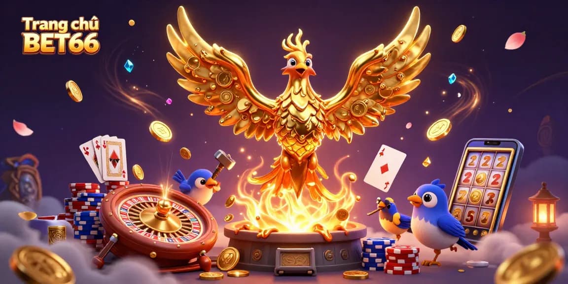 Win big at Trang chủ BET66 with a vibrant 3D illustration of golden phoenix and casino elements.
