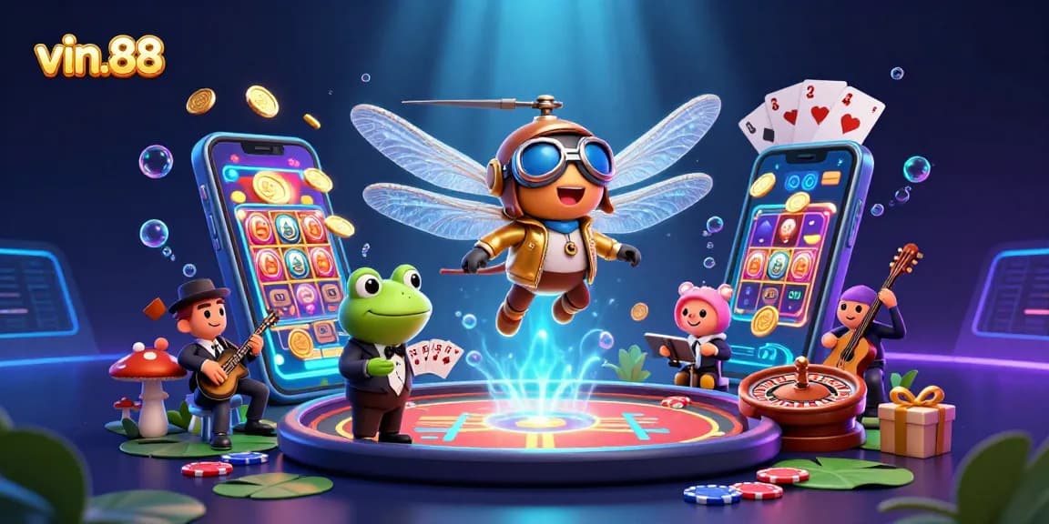 Spin the reels at vin.88's vibrant casino with a dragonfly pilot and frog croupier!