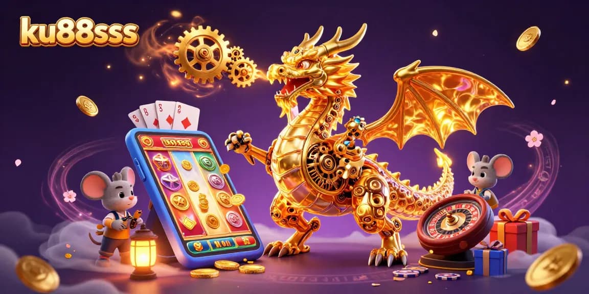 Engage with ku88sss in an exciting 3D casino scene featuring a dragon and animated slot elements.