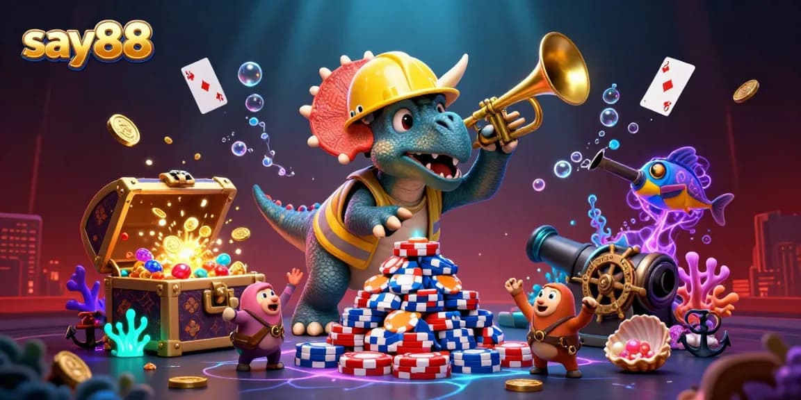 Engage in thrilling moments at say88 with a vibrant 3D casino scene featuring cartoon characters celebrating wins amidst gold coins and poker chips.