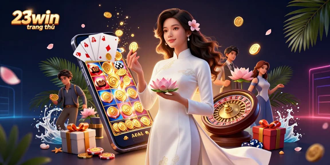 Engage in thrilling gaming at 23win trang chủ with a vibrant 3D casino illustration featuring slots, coins, and cards.