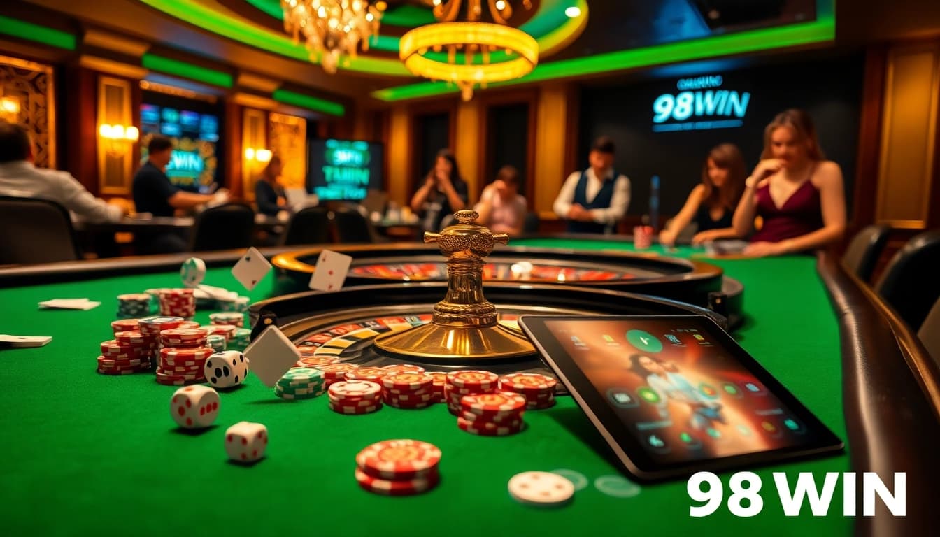 Players enjoying an exciting game at the luxurious 98WIN casino table, showcasing vibrant chips and cards.